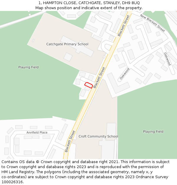 1, HAMPTON CLOSE, CATCHGATE, STANLEY, DH9 8UQ: Location map and indicative extent of plot