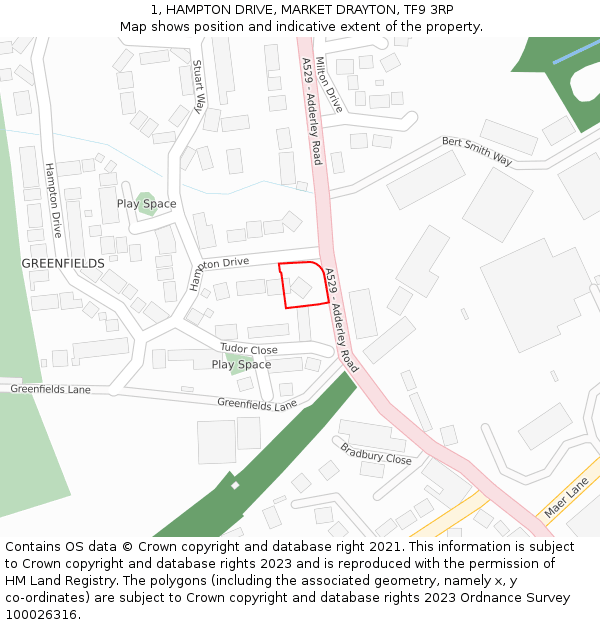 1, HAMPTON DRIVE, MARKET DRAYTON, TF9 3RP: Location map and indicative extent of plot