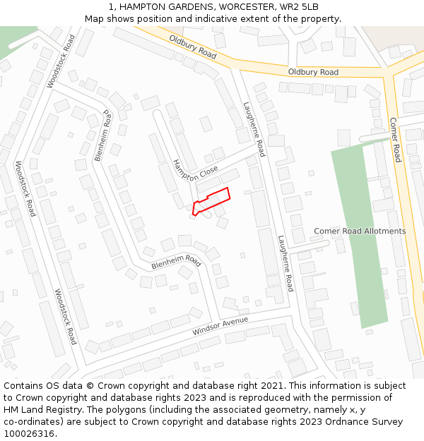 1, HAMPTON GARDENS, WORCESTER, WR2 5LB: Location map and indicative extent of plot