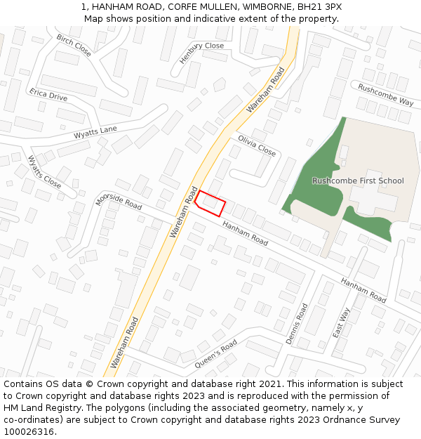 1, HANHAM ROAD, CORFE MULLEN, WIMBORNE, BH21 3PX: Location map and indicative extent of plot
