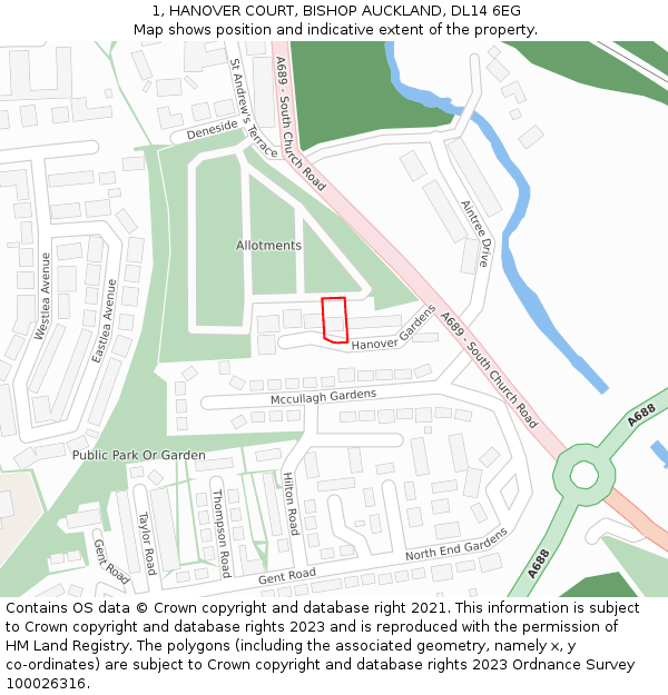 1, HANOVER COURT, BISHOP AUCKLAND, DL14 6EG: Location map and indicative extent of plot