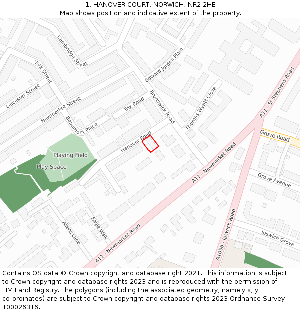 1, HANOVER COURT, NORWICH, NR2 2HE: Location map and indicative extent of plot