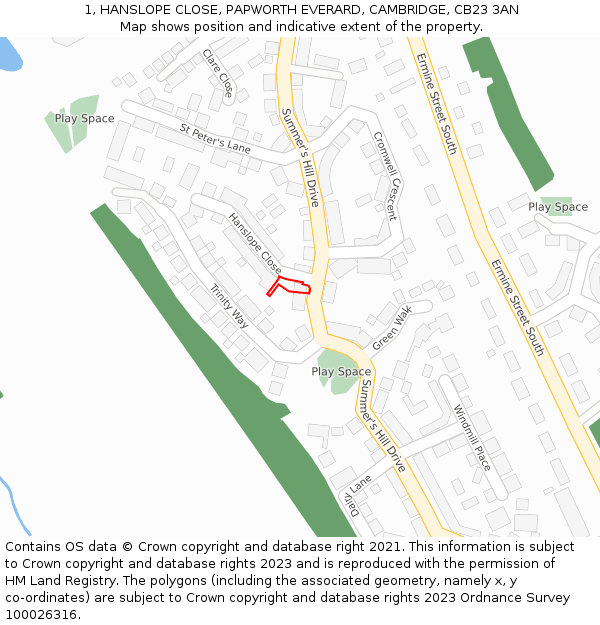 1, HANSLOPE CLOSE, PAPWORTH EVERARD, CAMBRIDGE, CB23 3AN: Location map and indicative extent of plot