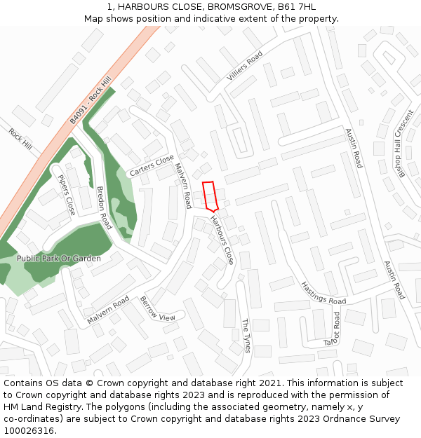 1, HARBOURS CLOSE, BROMSGROVE, B61 7HL: Location map and indicative extent of plot