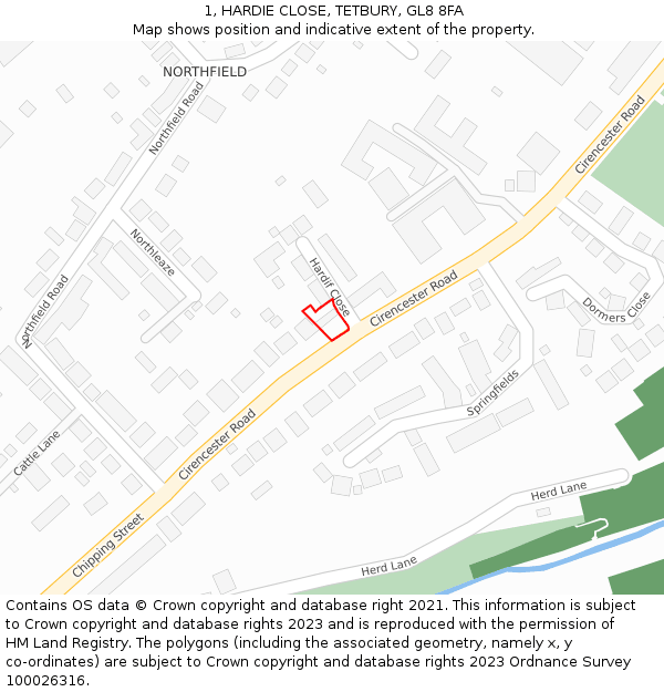 1, HARDIE CLOSE, TETBURY, GL8 8FA: Location map and indicative extent of plot