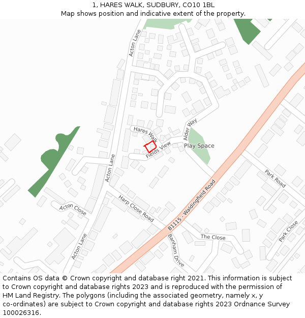 1, HARES WALK, SUDBURY, CO10 1BL: Location map and indicative extent of plot