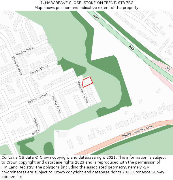 1, HARGREAVE CLOSE, STOKE-ON-TRENT, ST3 7RG: Location map and indicative extent of plot