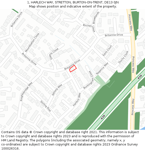 1, HARLECH WAY, STRETTON, BURTON-ON-TRENT, DE13 0JN: Location map and indicative extent of plot