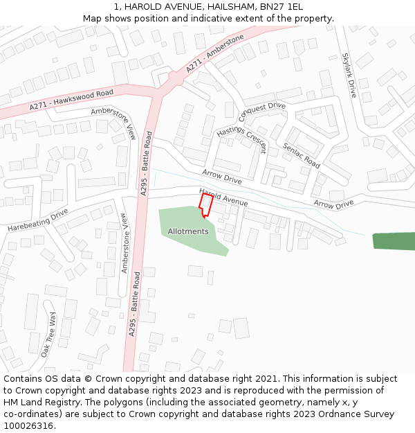 1, HAROLD AVENUE, HAILSHAM, BN27 1EL: Location map and indicative extent of plot