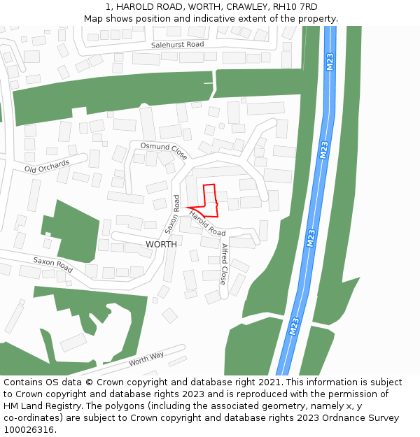 1, HAROLD ROAD, WORTH, CRAWLEY, RH10 7RD: Location map and indicative extent of plot