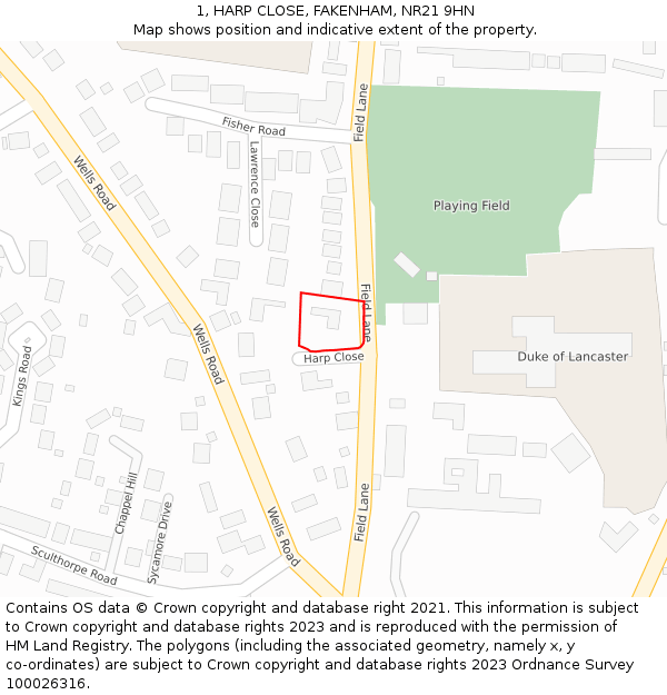 1, HARP CLOSE, FAKENHAM, NR21 9HN: Location map and indicative extent of plot