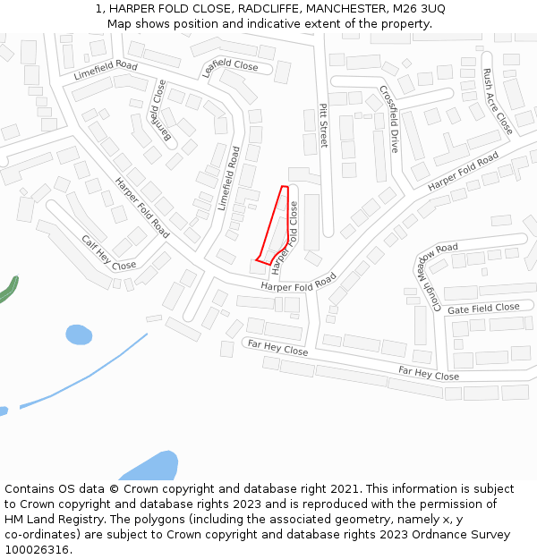 1, HARPER FOLD CLOSE, RADCLIFFE, MANCHESTER, M26 3UQ: Location map and indicative extent of plot