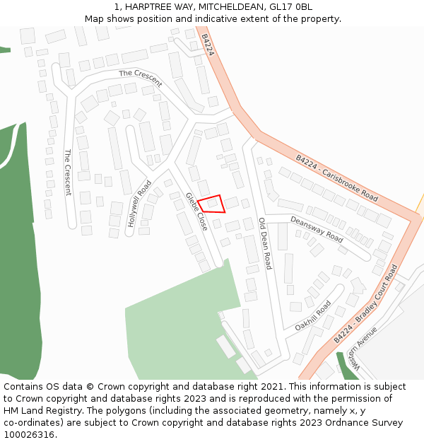 1, HARPTREE WAY, MITCHELDEAN, GL17 0BL: Location map and indicative extent of plot