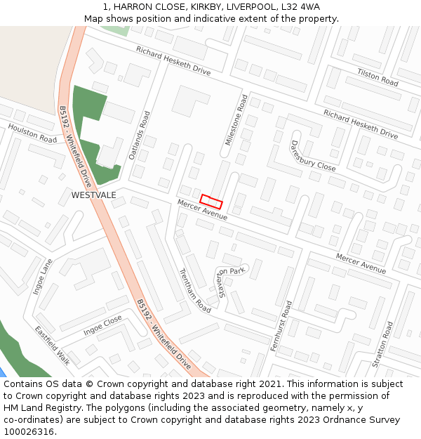 1, HARRON CLOSE, KIRKBY, LIVERPOOL, L32 4WA: Location map and indicative extent of plot