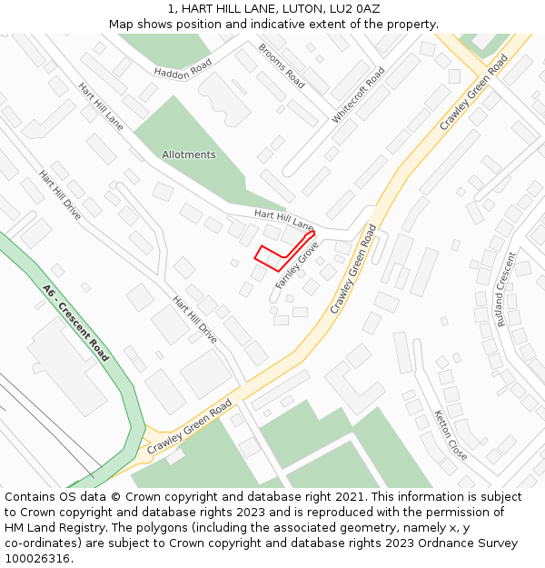 1, HART HILL LANE, LUTON, LU2 0AZ: Location map and indicative extent of plot