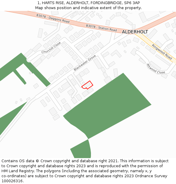 1, HARTS RISE, ALDERHOLT, FORDINGBRIDGE, SP6 3AP: Location map and indicative extent of plot