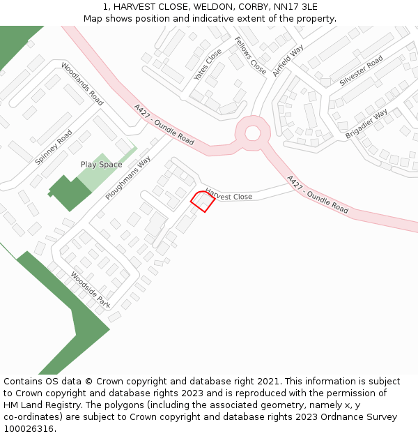 1, HARVEST CLOSE, WELDON, CORBY, NN17 3LE: Location map and indicative extent of plot