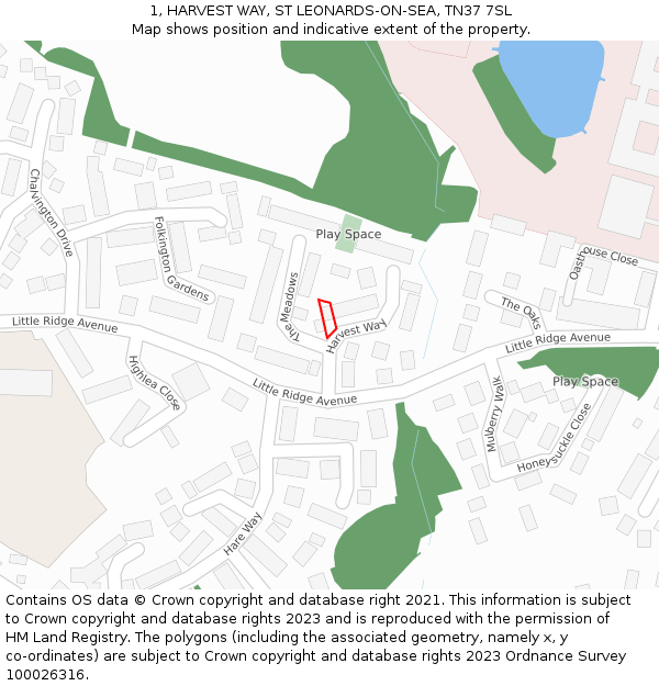 1, HARVEST WAY, ST LEONARDS-ON-SEA, TN37 7SL: Location map and indicative extent of plot