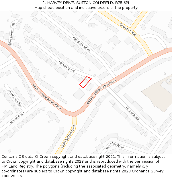 1, HARVEY DRIVE, SUTTON COLDFIELD, B75 6PL: Location map and indicative extent of plot