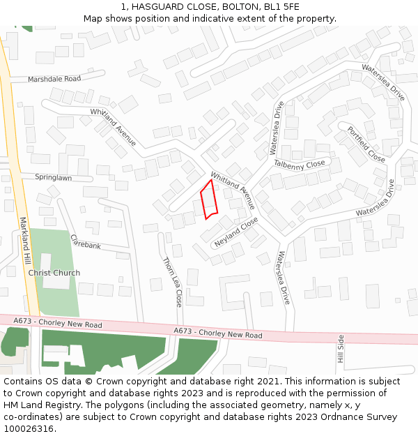 1, HASGUARD CLOSE, BOLTON, BL1 5FE: Location map and indicative extent of plot