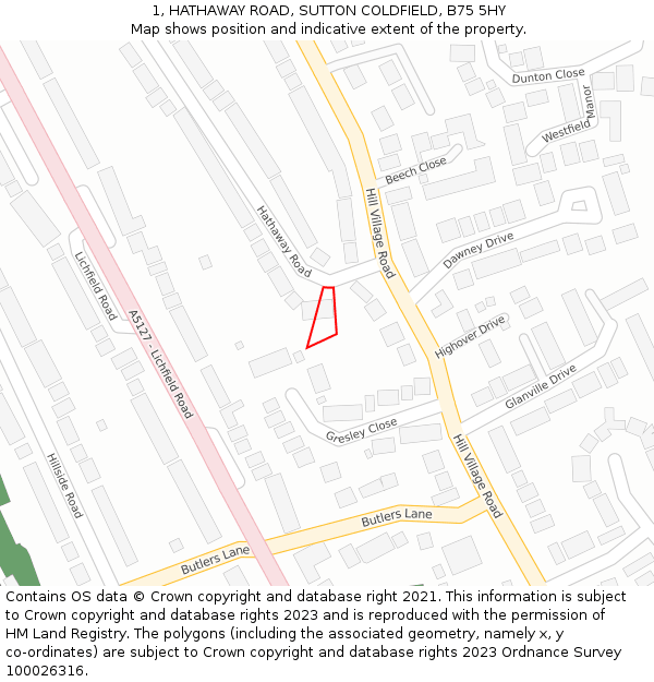 1, HATHAWAY ROAD, SUTTON COLDFIELD, B75 5HY: Location map and indicative extent of plot