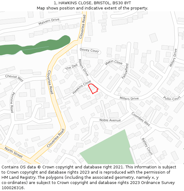 1, HAWKINS CLOSE, BRISTOL, BS30 8YT: Location map and indicative extent of plot