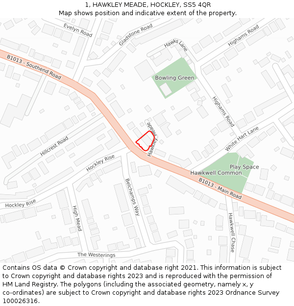 1, HAWKLEY MEADE, HOCKLEY, SS5 4QR: Location map and indicative extent of plot