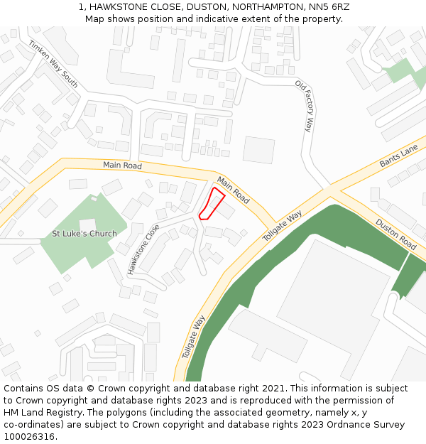 1, HAWKSTONE CLOSE, DUSTON, NORTHAMPTON, NN5 6RZ: Location map and indicative extent of plot