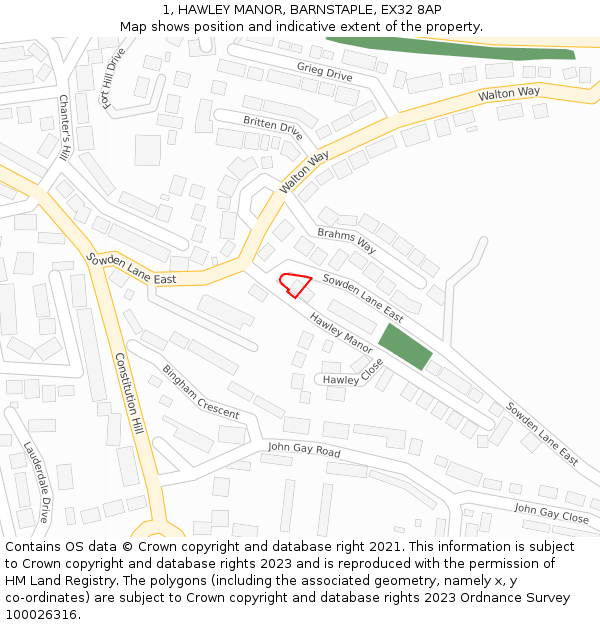 1, HAWLEY MANOR, BARNSTAPLE, EX32 8AP: Location map and indicative extent of plot