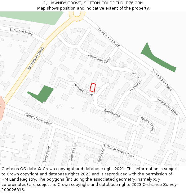 1, HAWNBY GROVE, SUTTON COLDFIELD, B76 2BN: Location map and indicative extent of plot