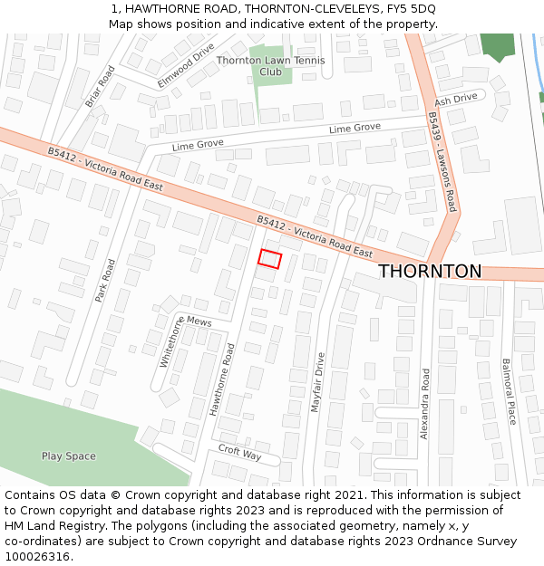 1, HAWTHORNE ROAD, THORNTON-CLEVELEYS, FY5 5DQ: Location map and indicative extent of plot