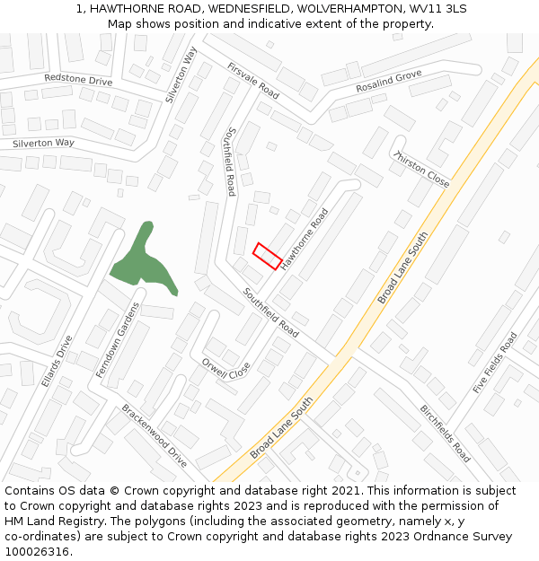 1, HAWTHORNE ROAD, WEDNESFIELD, WOLVERHAMPTON, WV11 3LS: Location map and indicative extent of plot