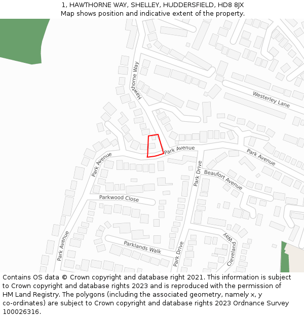 1, HAWTHORNE WAY, SHELLEY, HUDDERSFIELD, HD8 8JX: Location map and indicative extent of plot