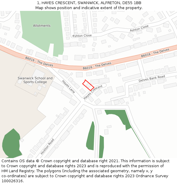 1, HAYES CRESCENT, SWANWICK, ALFRETON, DE55 1BB: Location map and indicative extent of plot