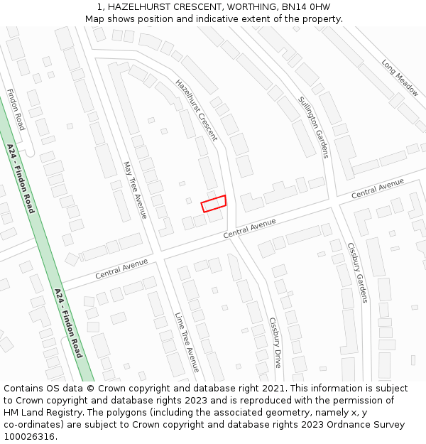 1, HAZELHURST CRESCENT, WORTHING, BN14 0HW: Location map and indicative extent of plot
