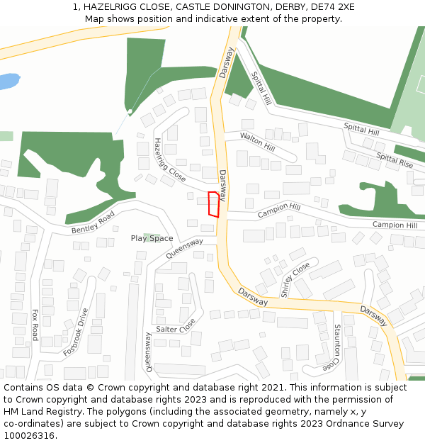 1, HAZELRIGG CLOSE, CASTLE DONINGTON, DERBY, DE74 2XE: Location map and indicative extent of plot