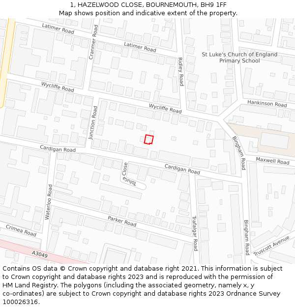 1, HAZELWOOD CLOSE, BOURNEMOUTH, BH9 1FF: Location map and indicative extent of plot