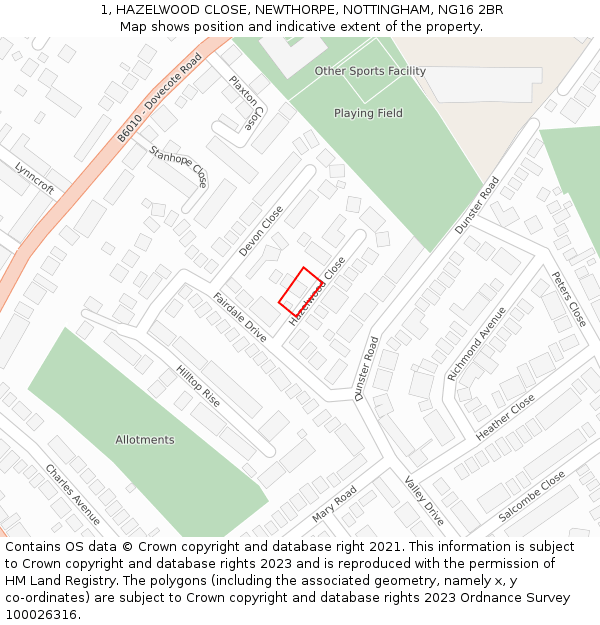 1, HAZELWOOD CLOSE, NEWTHORPE, NOTTINGHAM, NG16 2BR: Location map and indicative extent of plot