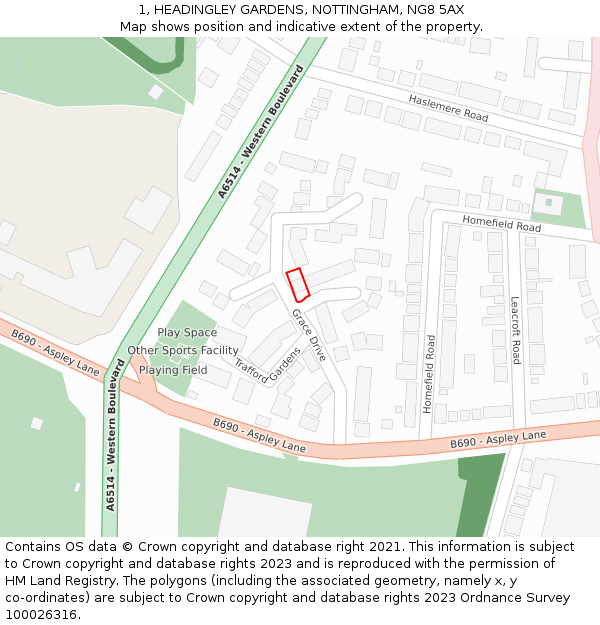 1, HEADINGLEY GARDENS, NOTTINGHAM, NG8 5AX: Location map and indicative extent of plot