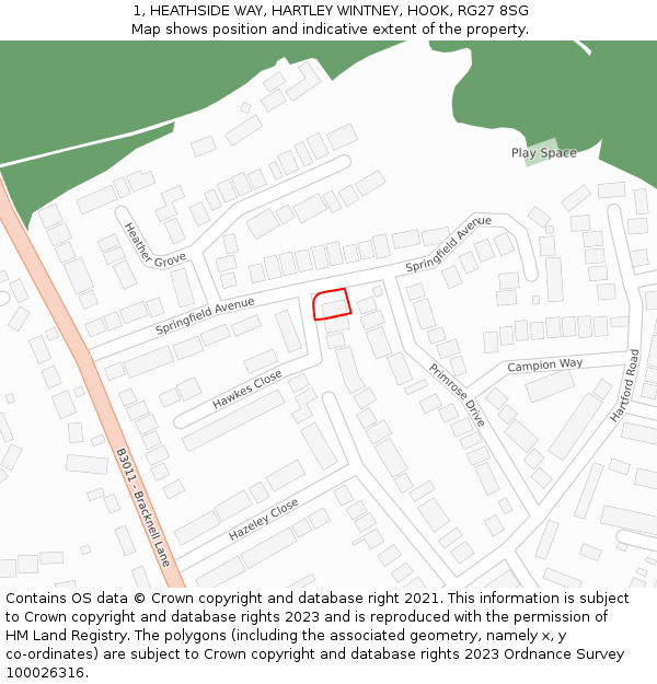 1, HEATHSIDE WAY, HARTLEY WINTNEY, HOOK, RG27 8SG: Location map and indicative extent of plot
