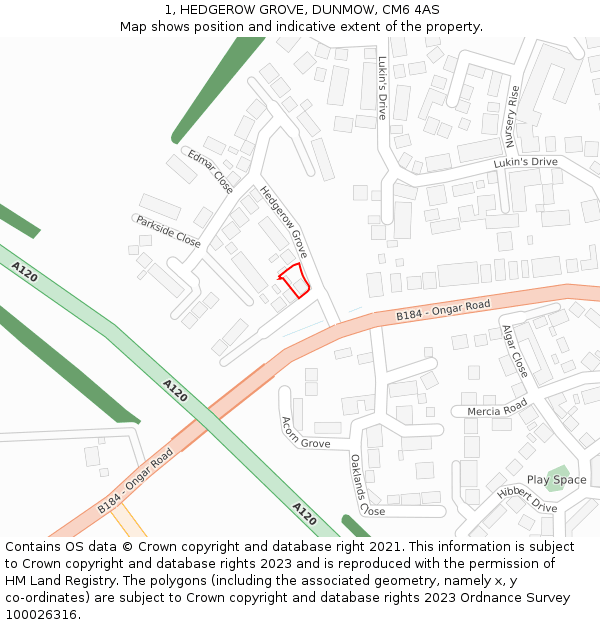 1, HEDGEROW GROVE, DUNMOW, CM6 4AS: Location map and indicative extent of plot