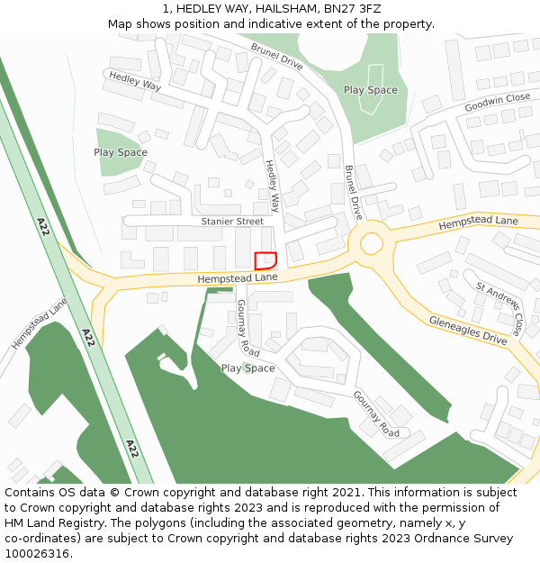 1, HEDLEY WAY, HAILSHAM, BN27 3FZ: Location map and indicative extent of plot