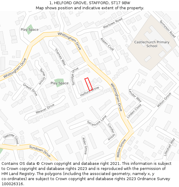 1, HELFORD GROVE, STAFFORD, ST17 9BW: Location map and indicative extent of plot