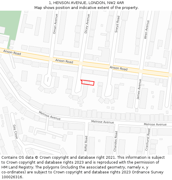 1, HENSON AVENUE, LONDON, NW2 4AR: Location map and indicative extent of plot