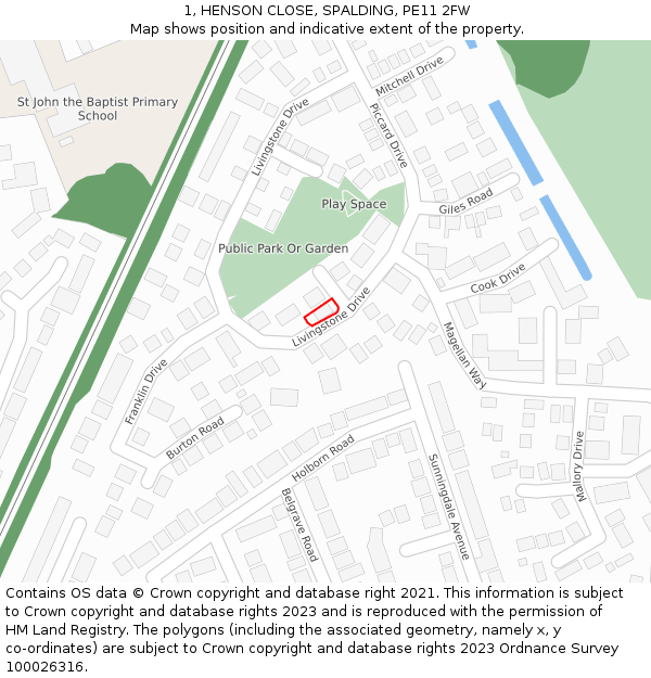 1, HENSON CLOSE, SPALDING, PE11 2FW: Location map and indicative extent of plot