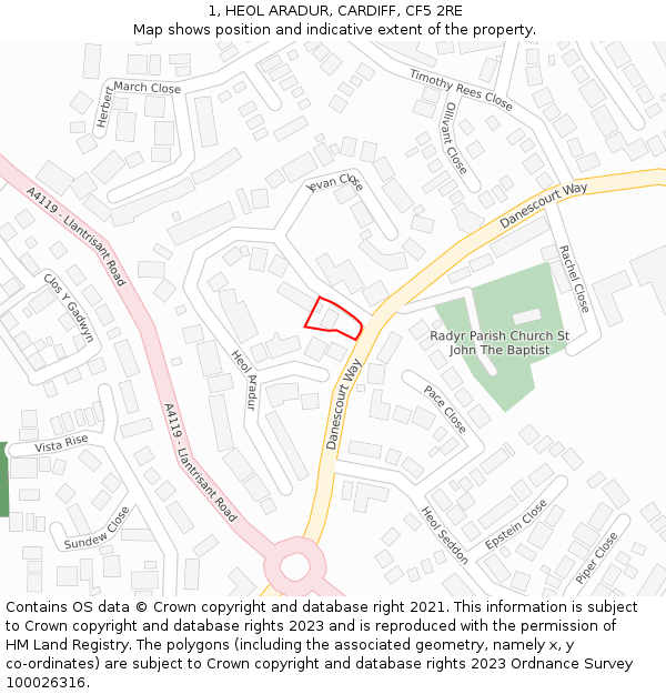 1, HEOL ARADUR, CARDIFF, CF5 2RE: Location map and indicative extent of plot