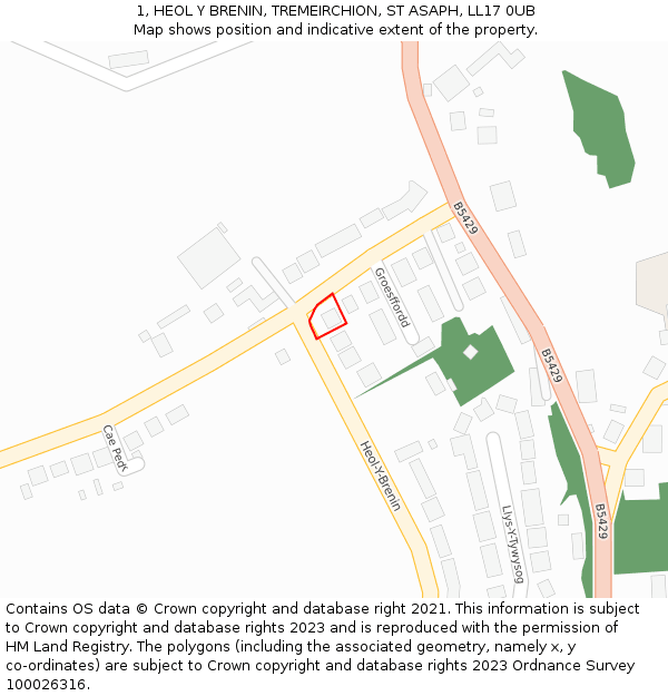 1, HEOL Y BRENIN, TREMEIRCHION, ST ASAPH, LL17 0UB: Location map and indicative extent of plot
