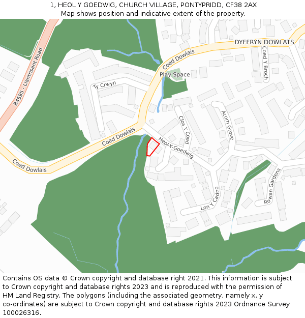 1, HEOL Y GOEDWIG, CHURCH VILLAGE, PONTYPRIDD, CF38 2AX: Location map and indicative extent of plot