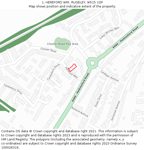 1, HEREFORD WAY, RUGELEY, WS15 1GP: Location map and indicative extent of plot