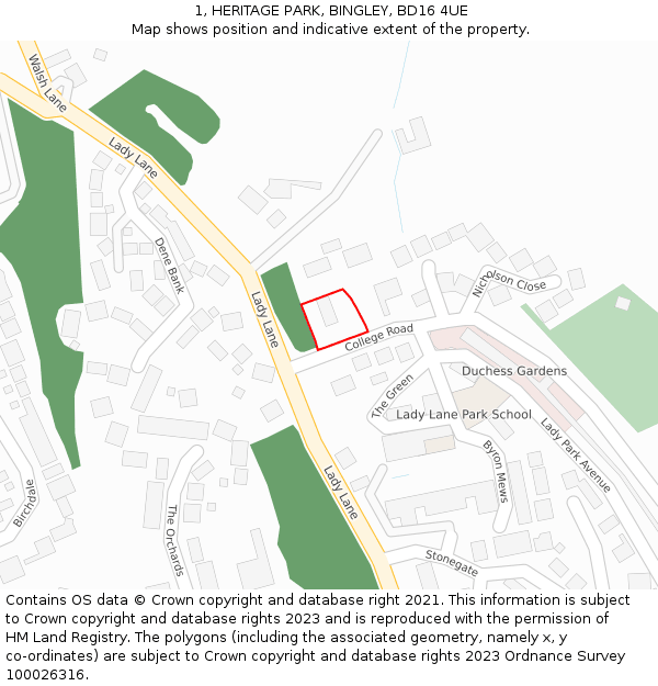 1, HERITAGE PARK, BINGLEY, BD16 4UE: Location map and indicative extent of plot